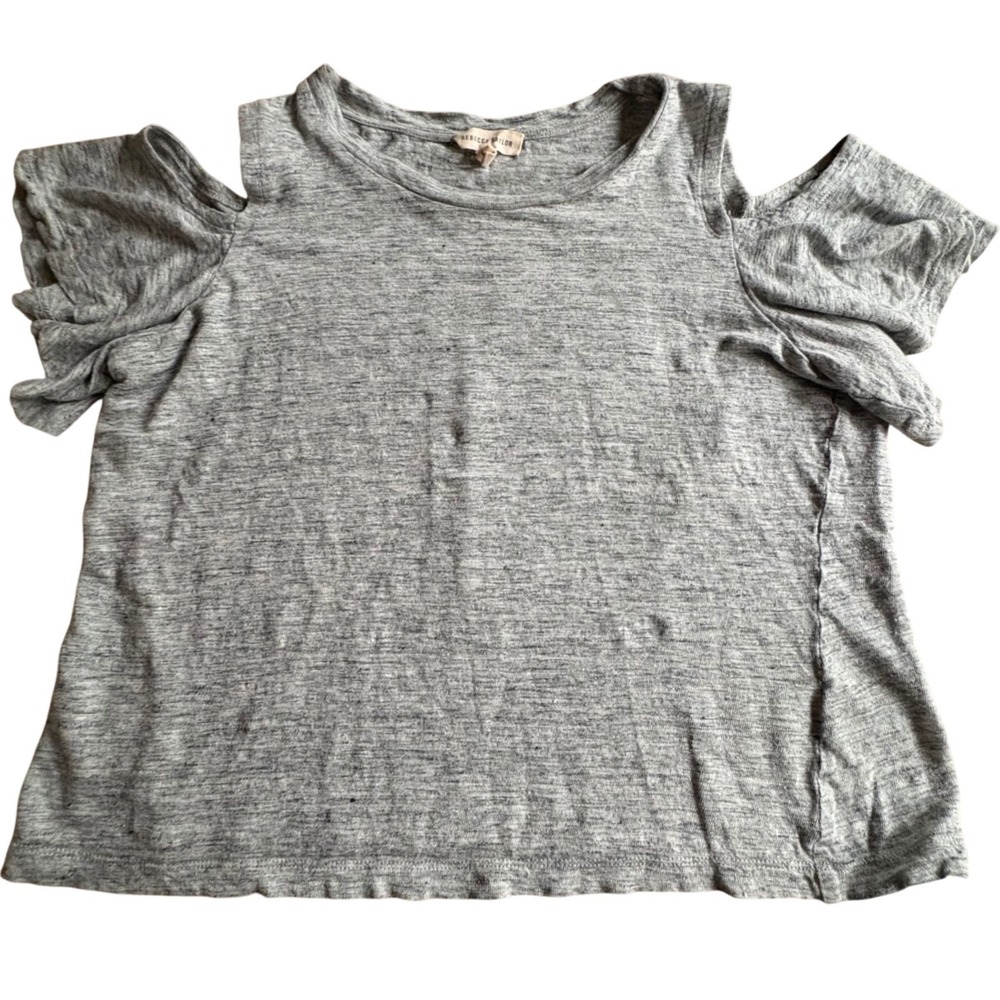 $195 Rebecca Taylor MEDIUM Grey 100% Linen Cold Shoulder Ruffle Sleeve Crop Top